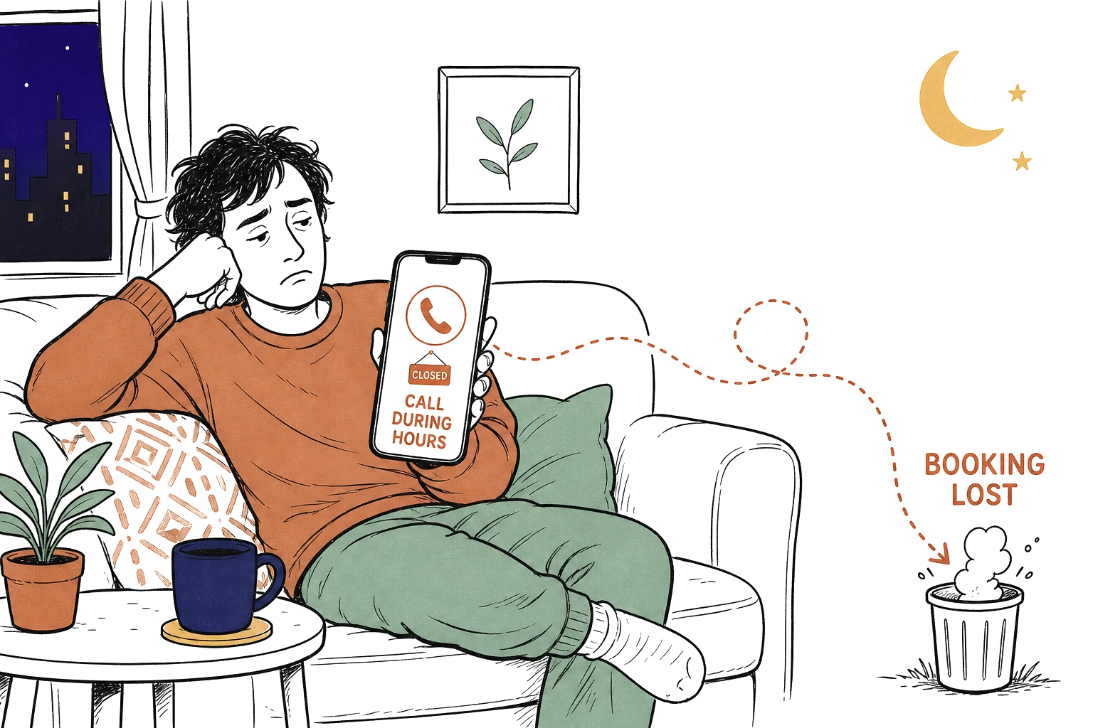 Illustration of a person on a couch late at night under a crescent moon, holding a phone that shows only a call-us icon labeled Call During Hours, with a dotted path drifting into a trash bin labeled Booking Lost