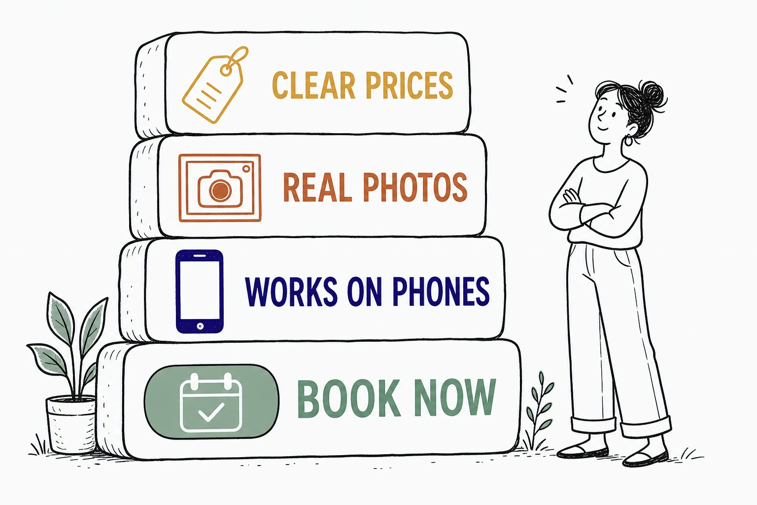 Illustration of four stacked blocks building upward, a large button labeled Book Now, a phone labeled Works On Phones, a camera labeled Real Photos, and a price tag labeled Clear Prices, with a satisfied visitor nodding beside them