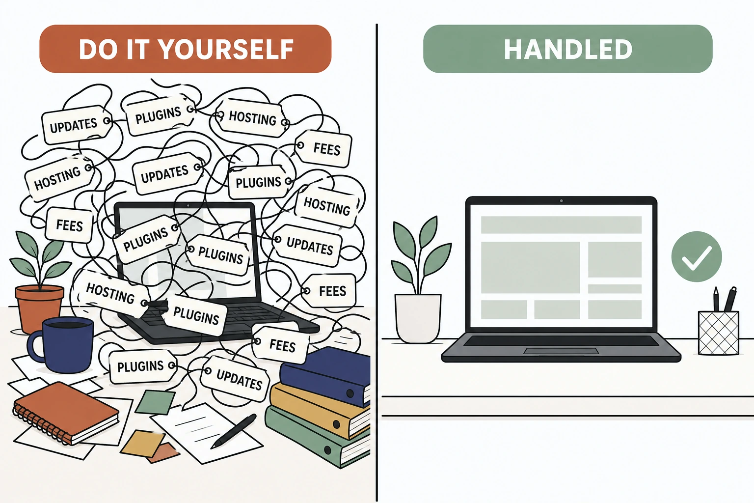 Split illustration comparing a therapist buried in website upkeep tasks on the left against a calm therapist with a handled site on the right