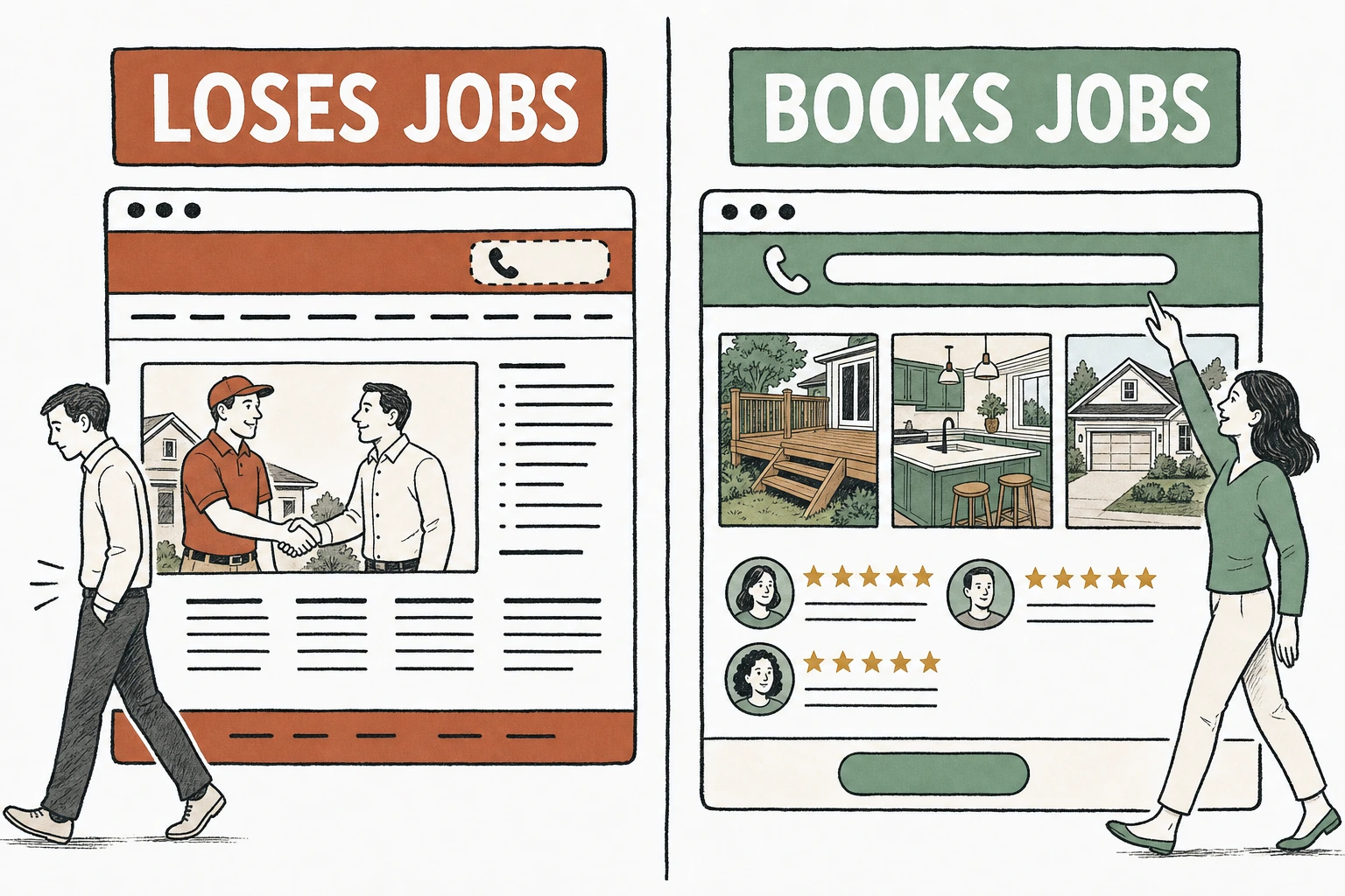 Split illustration comparing a contractor website that loses jobs, with a stock handshake and hidden phone number, against one that books jobs, with a phone bar, real job photos, and named reviews