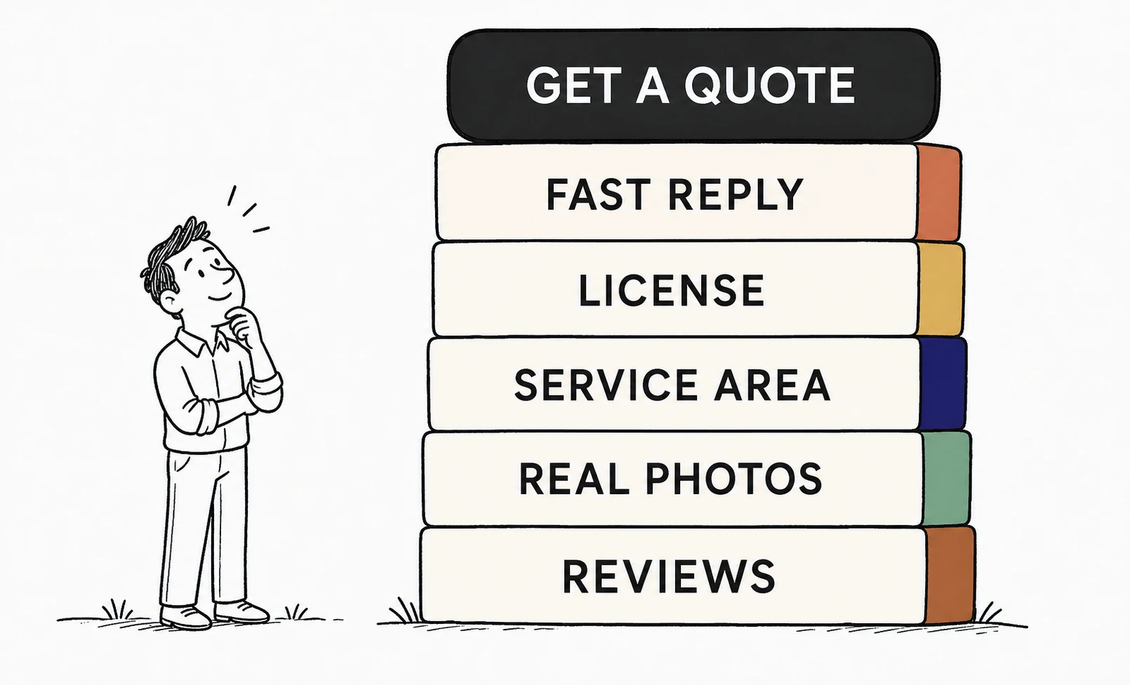 Illustration: five stacked blocks labeled reviews, real photos, service area, license, fast reply, holding up a dark get a quote button, with a homeowner looking up at it