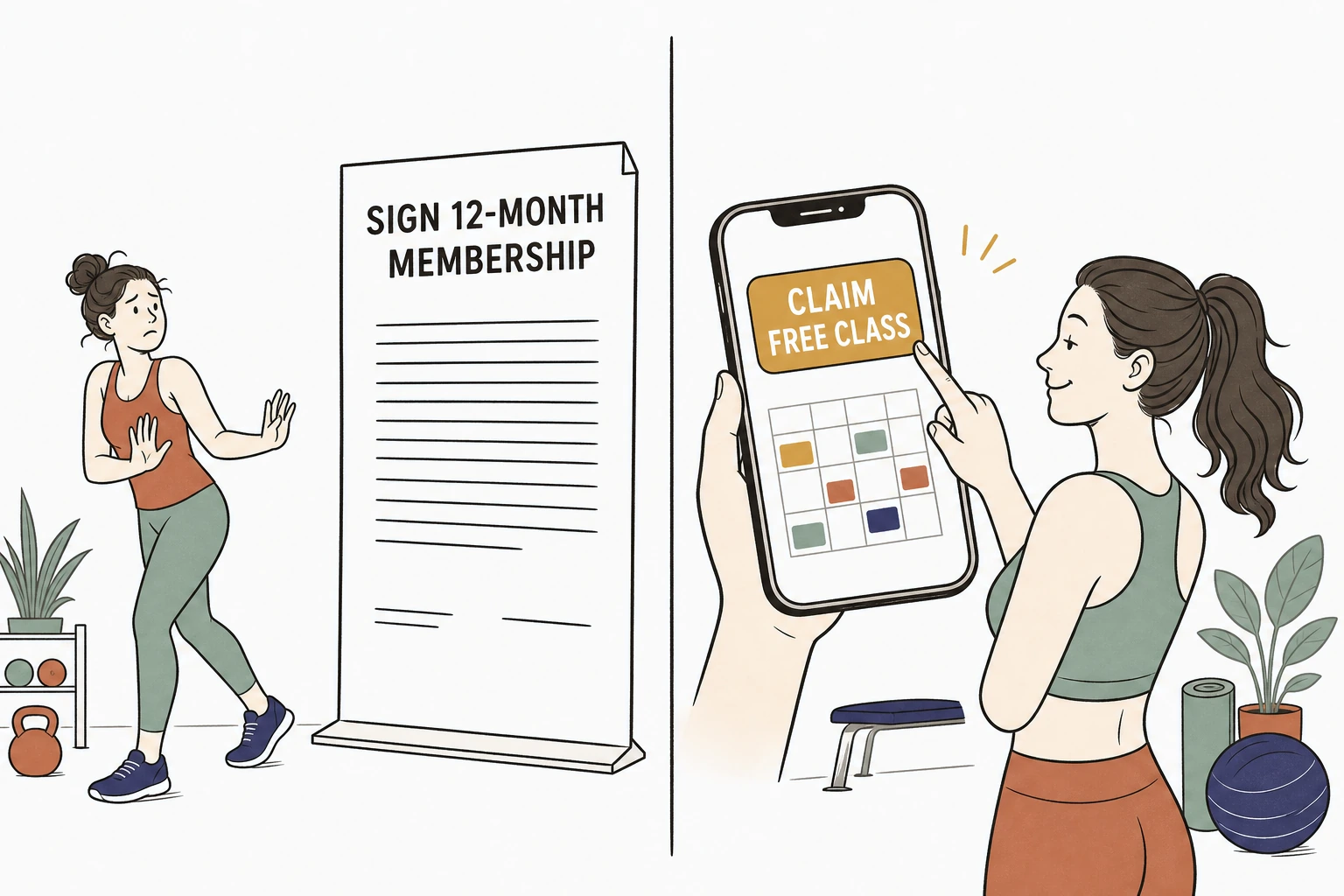 Illustration split in two: on the left a stiff paper labeled Sign 12-Month Membership with a hesitant visitor backing away, on the right a smartphone showing a bright button labeled Claim Free Class above a simple weekly class schedule, with a smiling visitor tapping it