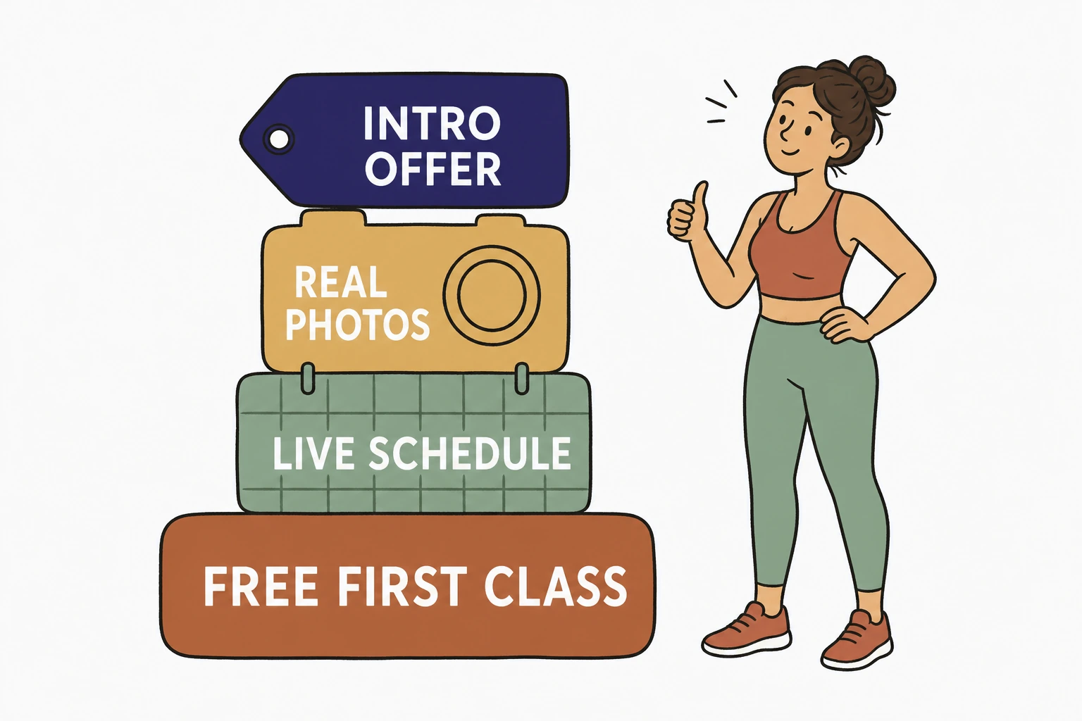 Illustration of four stacked blocks building upward, a large button labeled Free First Class, a grid labeled Live Schedule, a camera labeled Real Photos, and a price tag labeled Intro Offer, with an encouraged visitor in workout clothes nodding beside them