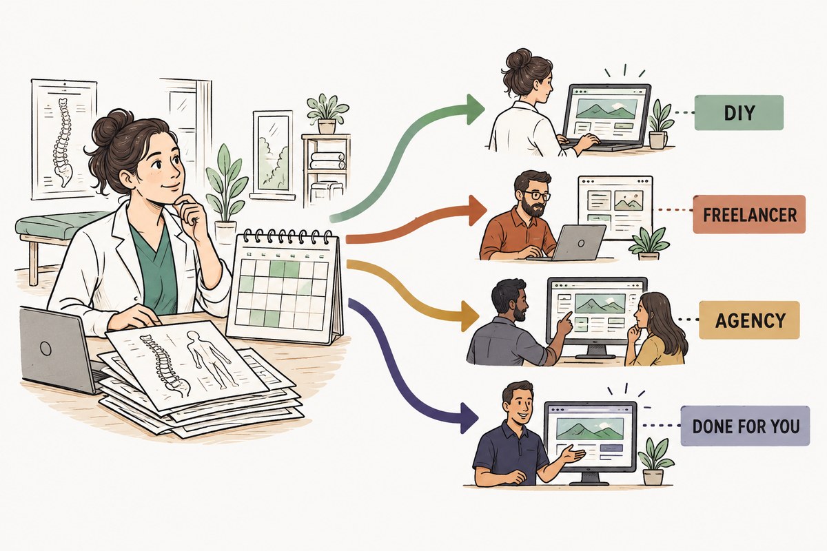 A chiropractic practice decision path branches from available owner time and project complexity toward a DIY builder, freelancer, agency, or done for you website.