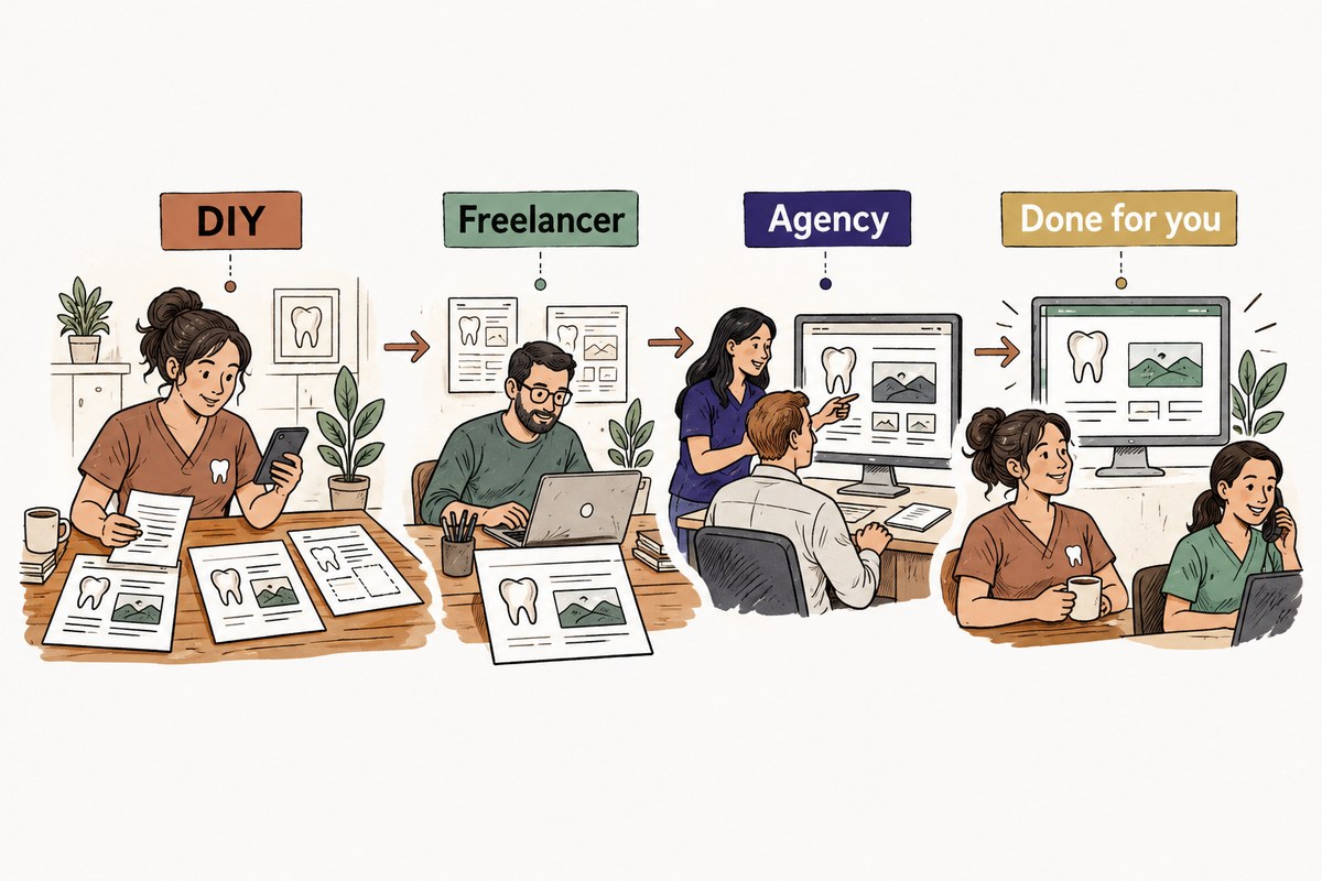 A dental practice moves from a builder beside unfinished treatment pages to a managed website beside an active appointment action, while the amount of owner work visibly decreases.