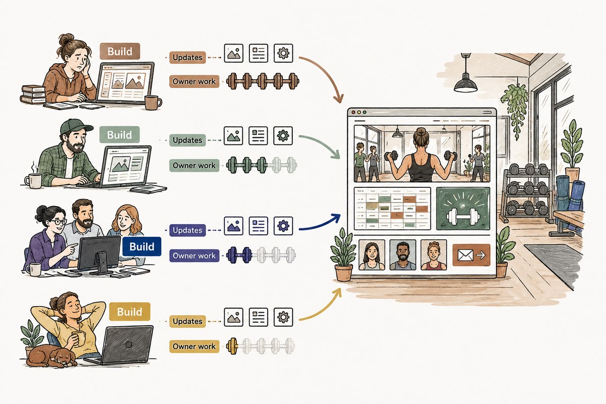 A fitness studio website comparison shows a DIY builder, freelancer, agency, and managed website connected to different levels of owner responsibility for schedules, offers, photos, and contact paths.