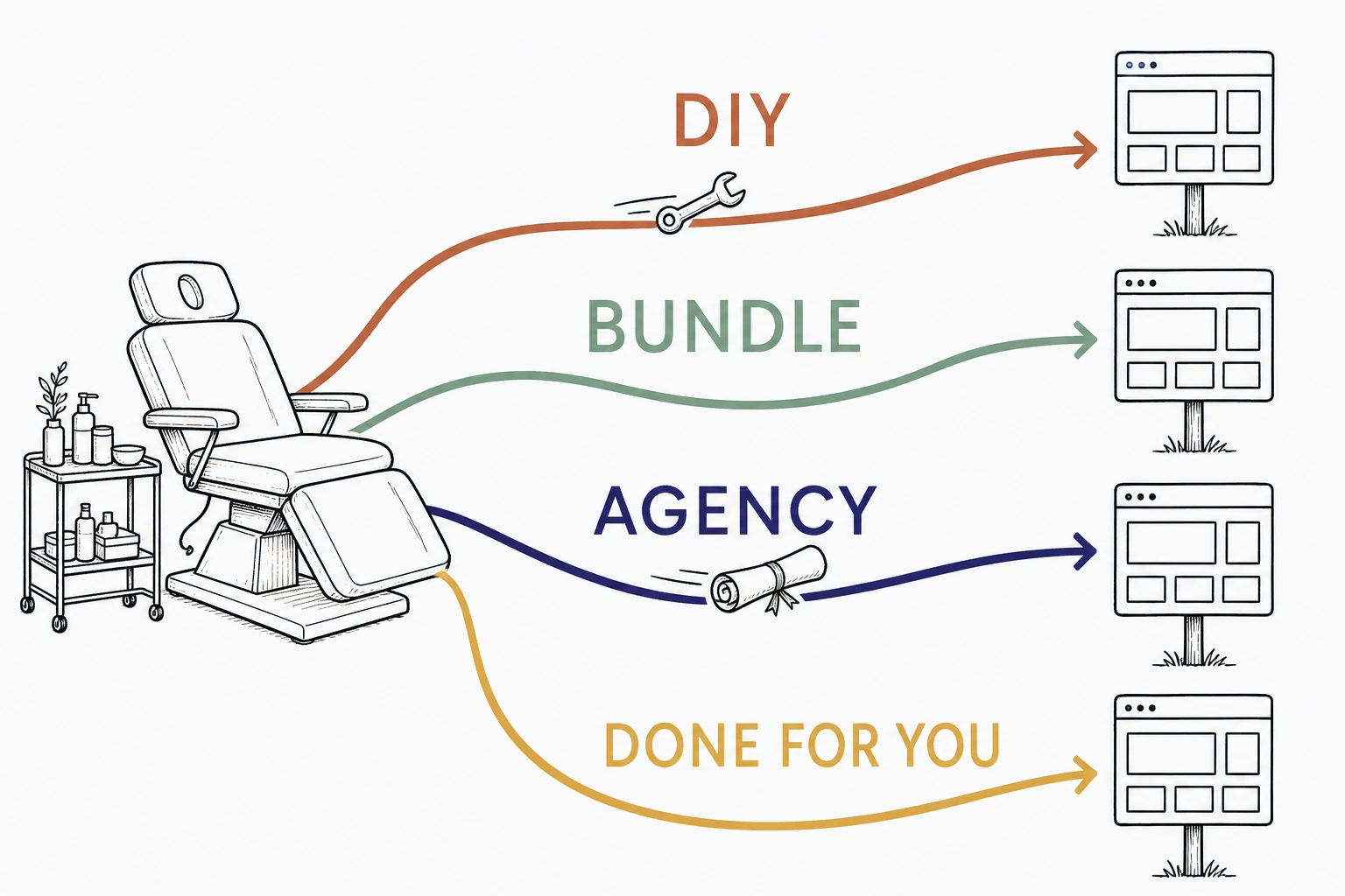 Illustration: four labeled paths from a med spa treatment chair to a finished website, a DIY builder path, a marketing bundle path, an agency path, and a done for you path