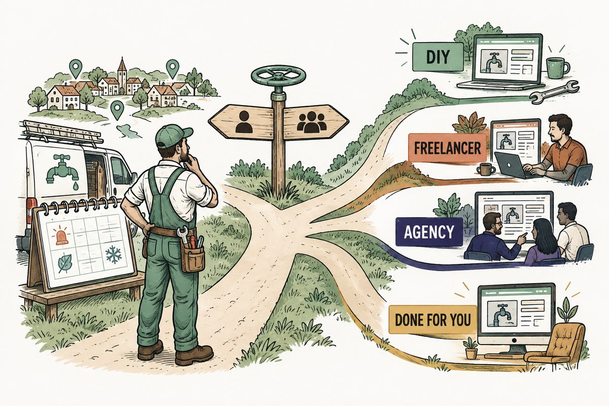 A plumbing business owner follows a branching path from website maintenance needs to DIY, freelancer, agency, or done for you website ownership.