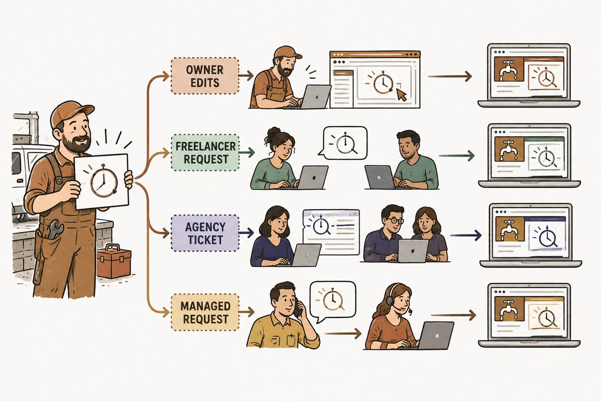 A plumber's changing emergency hours move from an owner editing a site directly to a freelancer request, an agency ticket, and a plain language managed request.