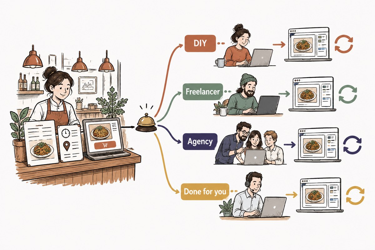 A restaurant website moves from a menu, hours, photos, and ordering links through four different ownership routes, ending with the person responsible for future updates.