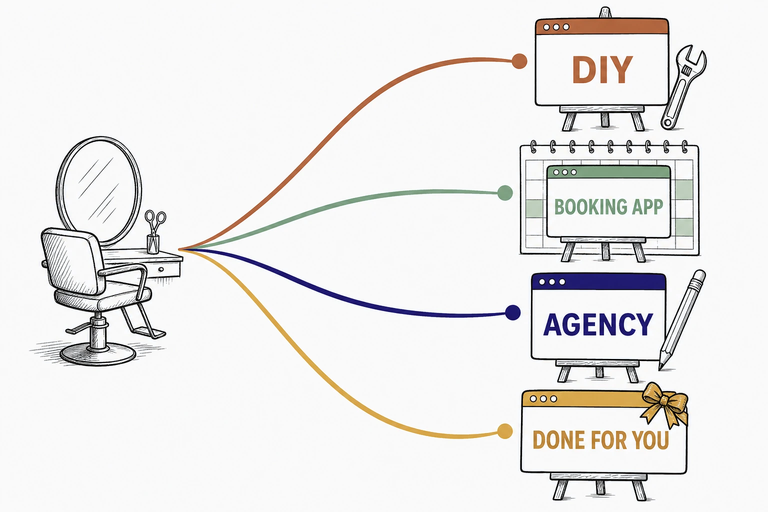 Illustration: four labeled paths from a salon styling chair to a finished website, a DIY path, a booking app path, an agency path, and a done for you path