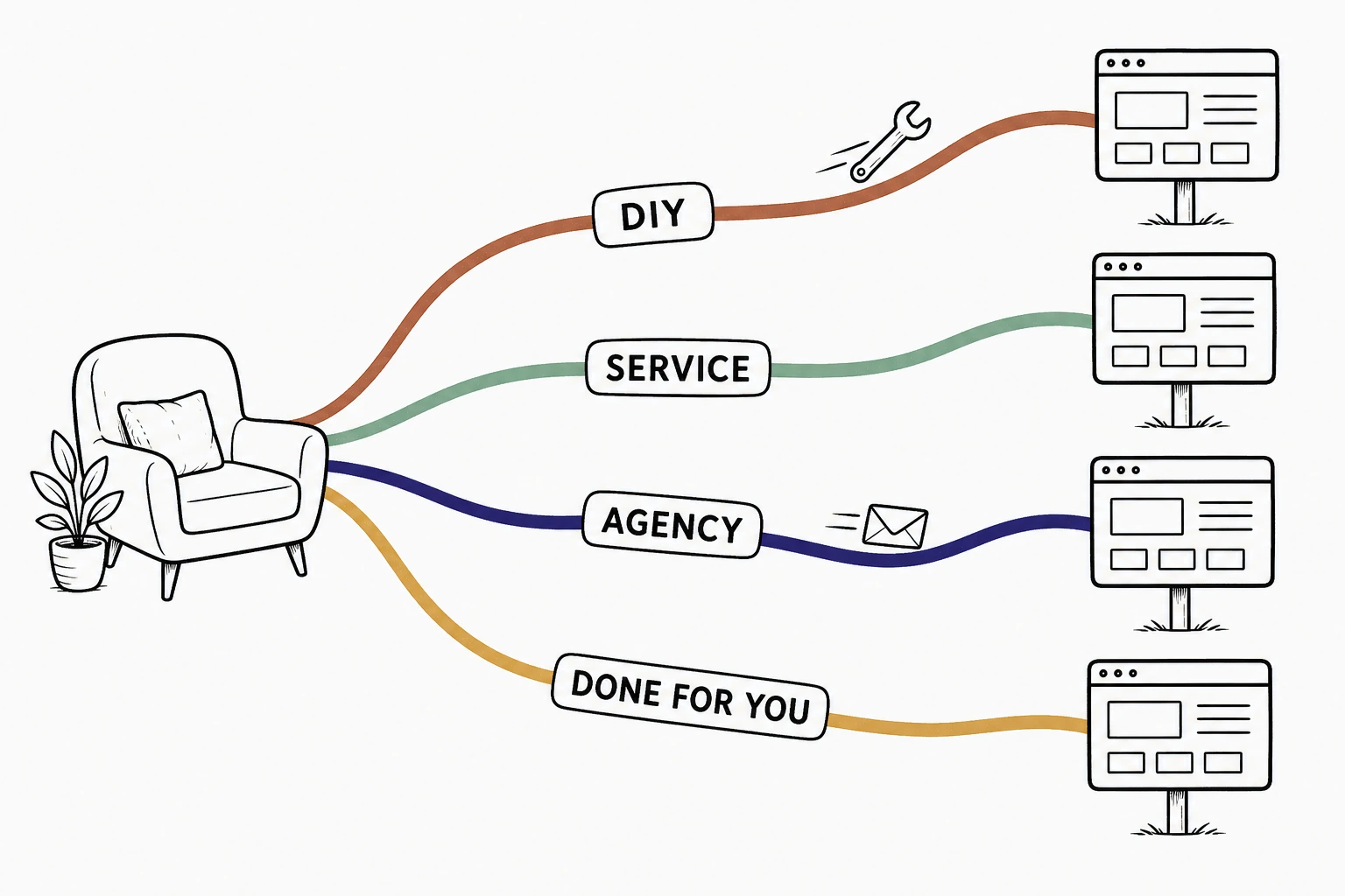 Illustration: four labeled paths from a therapist's armchair to a website, a DIY builder path, a therapist website service path, an agency path, and a done for you path