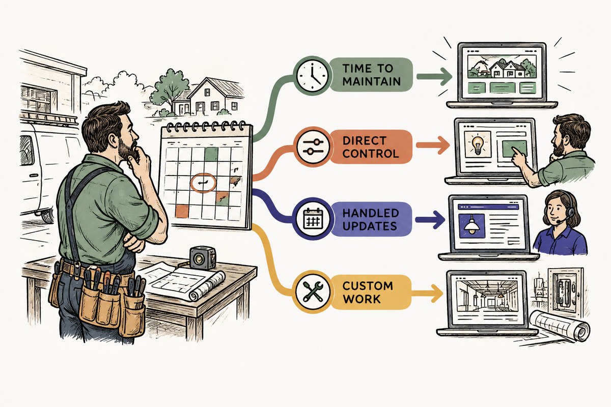 An electrical contractor's answers about time, control, update frequency, and complexity branch toward DIY, freelancer, agency, or done for you website ownership.