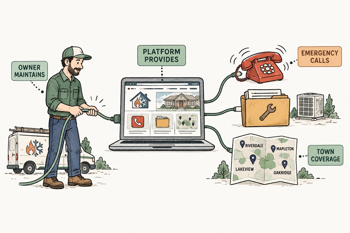 An HVAC website platform supplies a phone button, service page frame, and form while a named human owner connects each item to emergency calls, maintenance plan information, and town specific service pages.