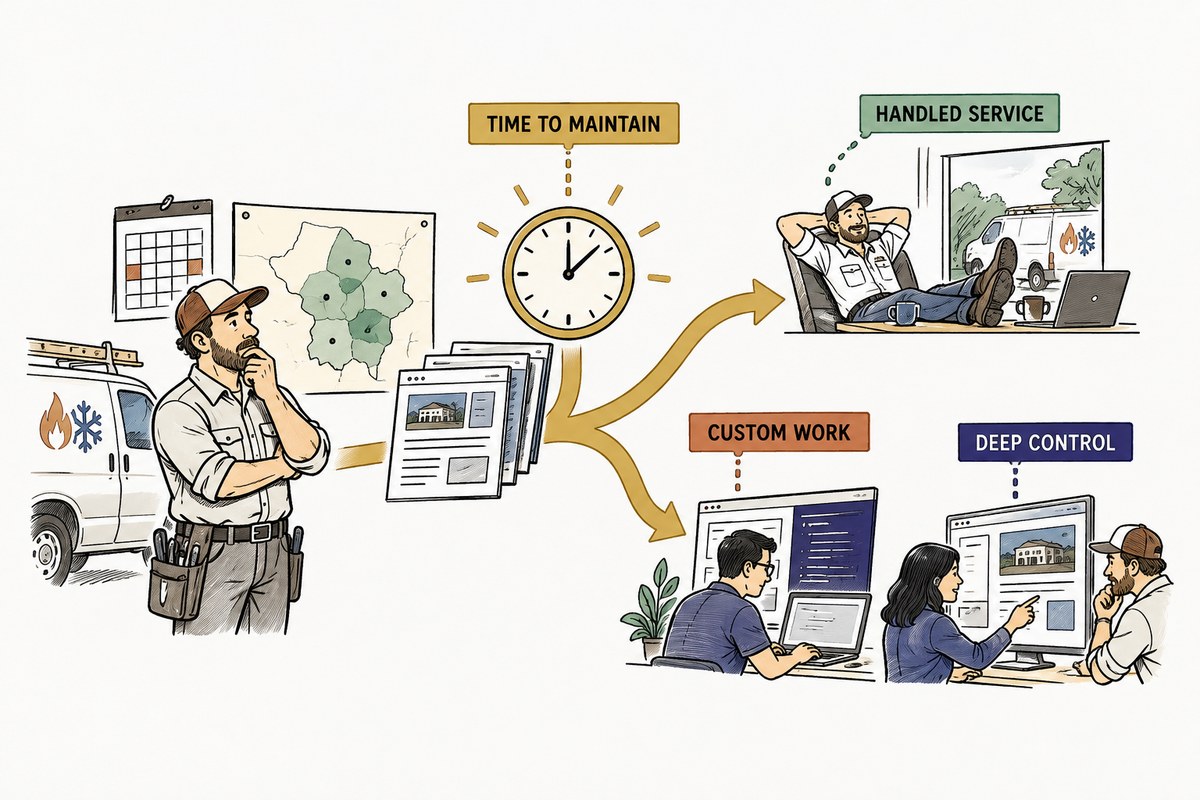 An HVAC owner follows a decision path from available time and website complexity toward DIY, freelancer, agency, or done for you website ownership.