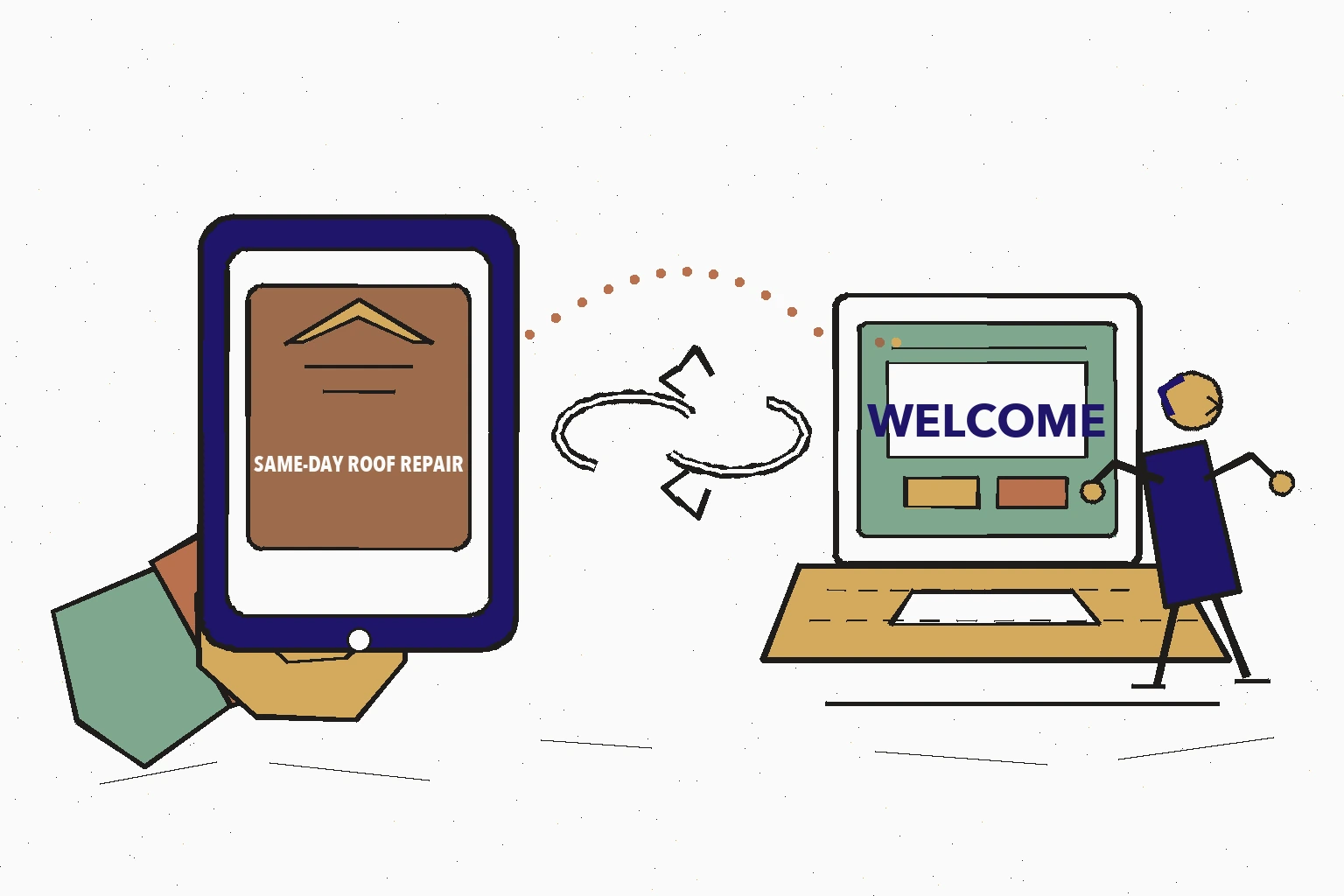 Illustration split in two: on the left a phone showing an ad with a bold promise labeled Same-Day Roof Repair and a hand tapping it, an arrow leading right to a laptop showing a generic page headline labeled Welcome To Our Company with a confused visitor turning away, a small broken chain link floating between them