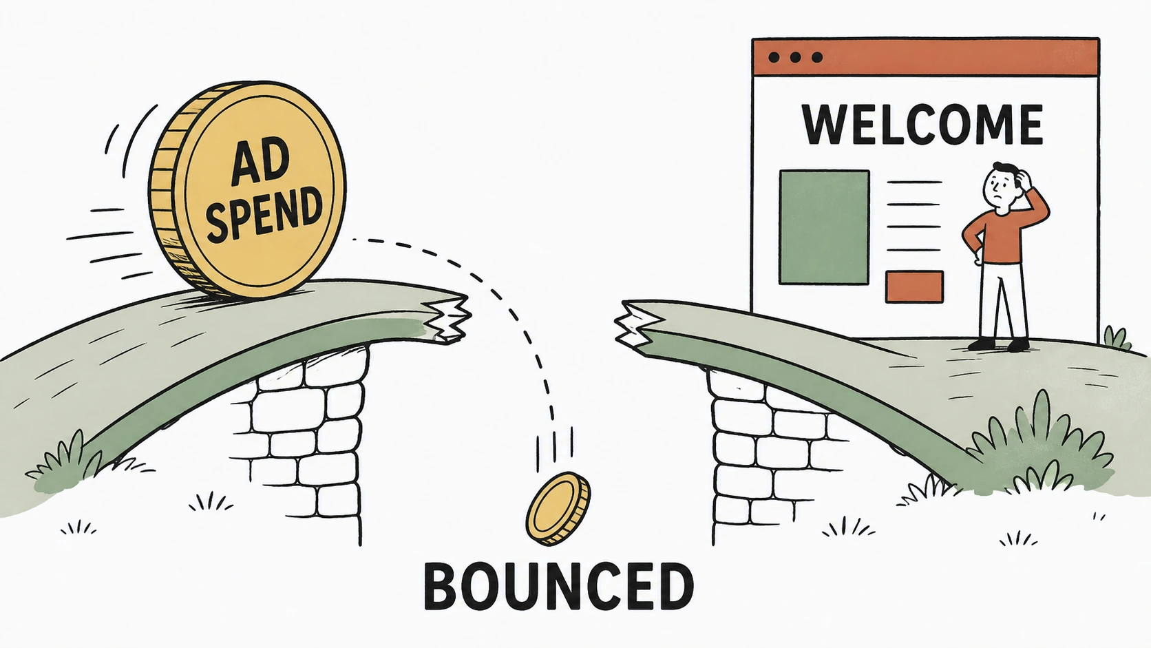 Illustration of a coin labeled Ad Spend rolling along a path toward a landing page, but the bridge in the middle is broken and a dotted line shows the coin falling into a gap labeled Bounced, while a generic page in the background reads Welcome with a tiny confused visitor