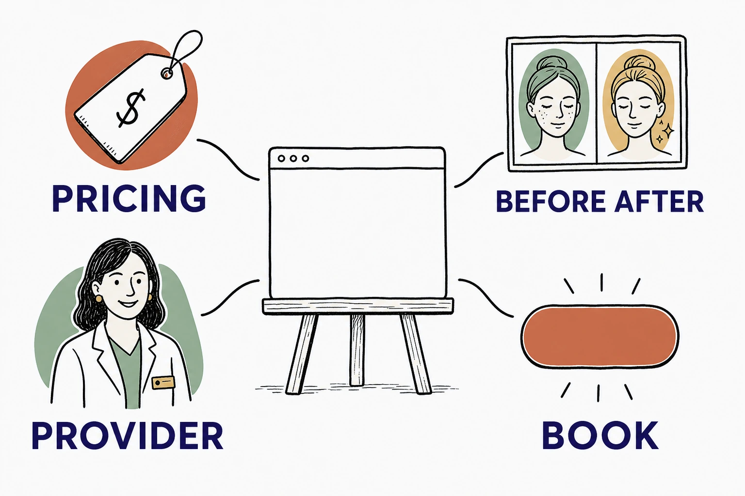 Illustration of a med spa homepage with four labeled parts: treatment pricing stated plainly, a tasteful before and after pair, provider credentials, and one clear booking button