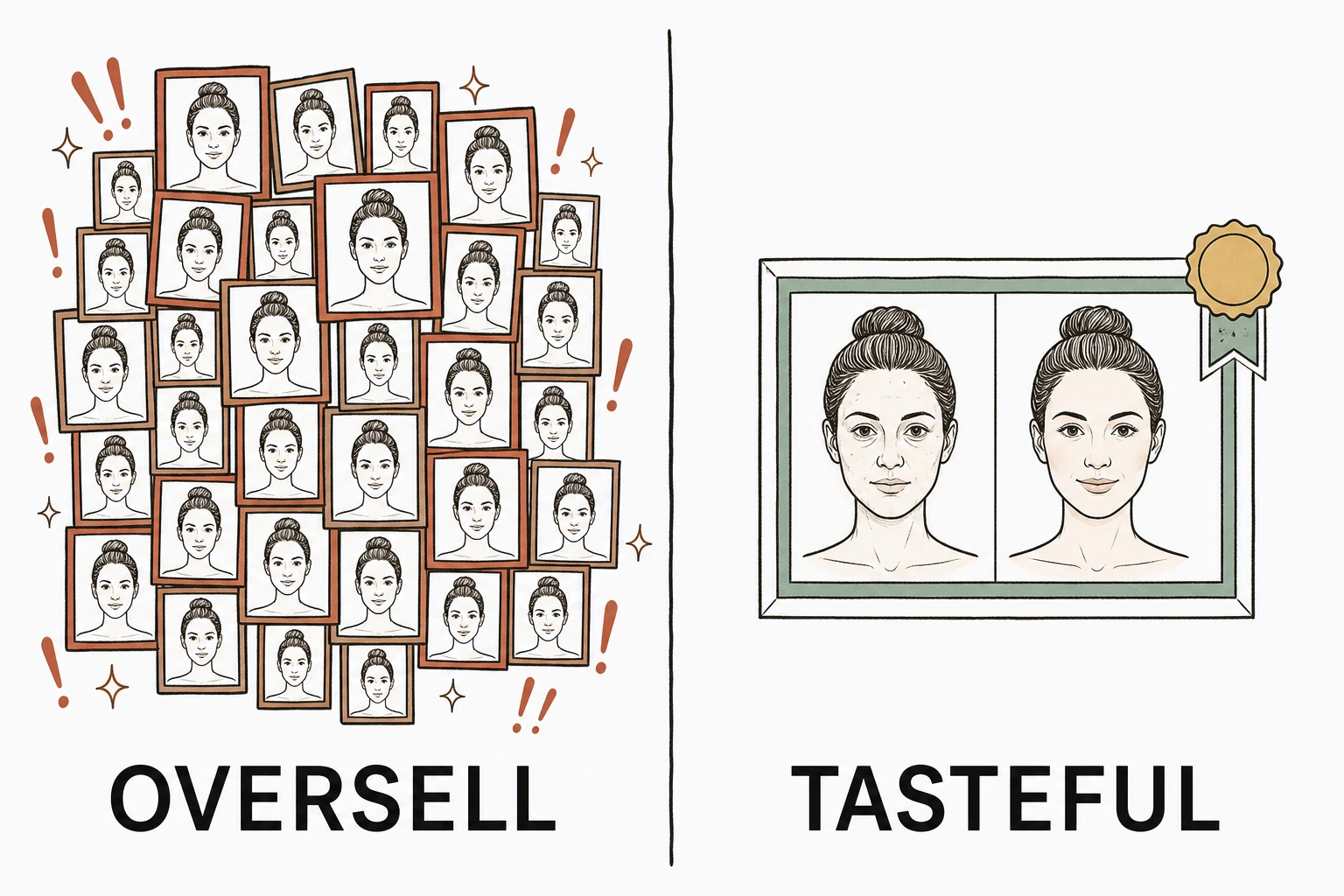Split illustration contrasting an overpromising before and after wall with dramatic claims against a tasteful single result pair labeled with the treatment and the provider