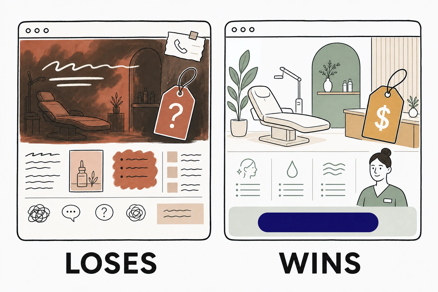 Split illustration comparing a med spa website that loses bookings, with hidden pricing and a vague headline, against one that wins bookings, with stated prices, a named provider, and one clear booking button