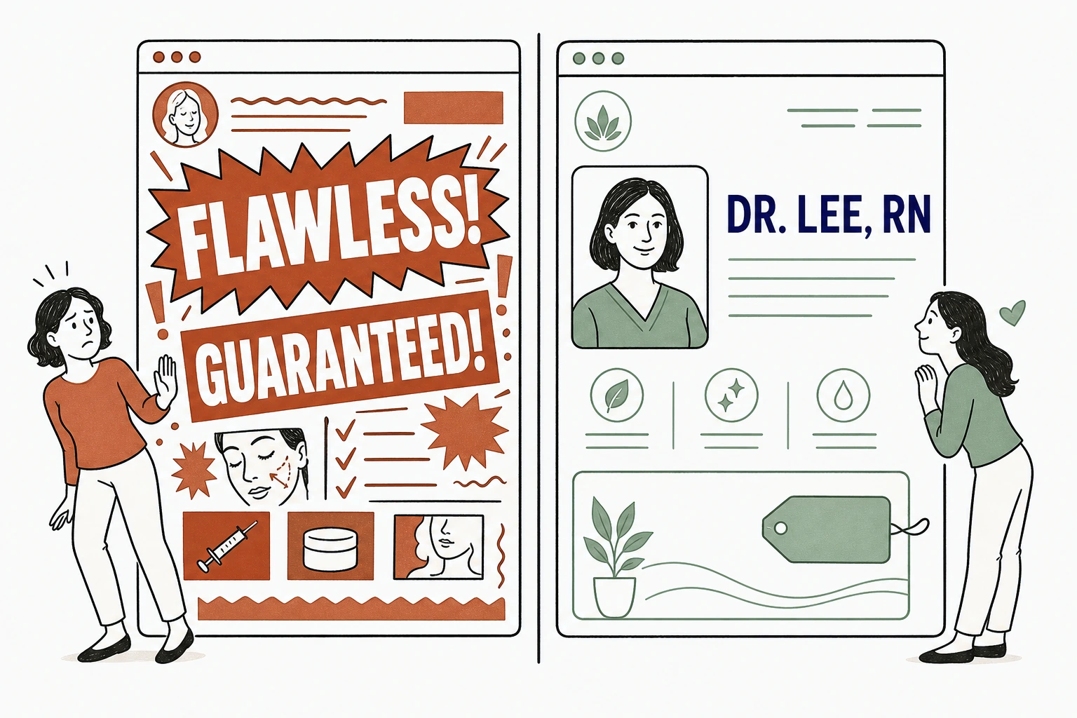 Illustration: a split scene, on the left a loud med spa website shouting flawless and guaranteed with a wary visitor backing away, on the right a calm website naming the provider and treatment with a relaxed visitor leaning in