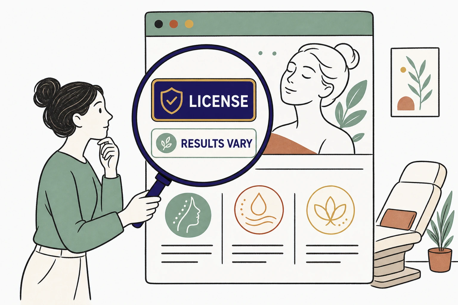 Illustration: a cautious visitor holding a magnifying glass over a med spa website, examining the provider credential and a plain results may vary line, with a treatment chair in the background