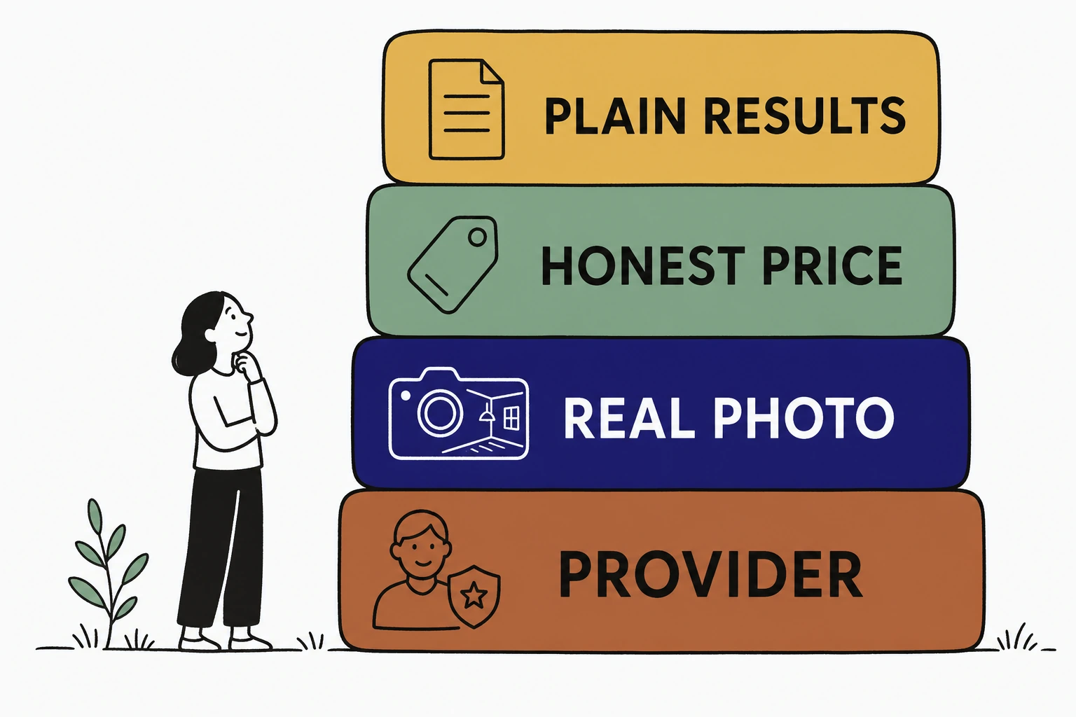 Illustration: a stack of four illustrated blocks building upward, a named provider with a license badge, a real photo of the room, an honest price tag, and a plain results may vary note, with a reassured visitor standing beside it