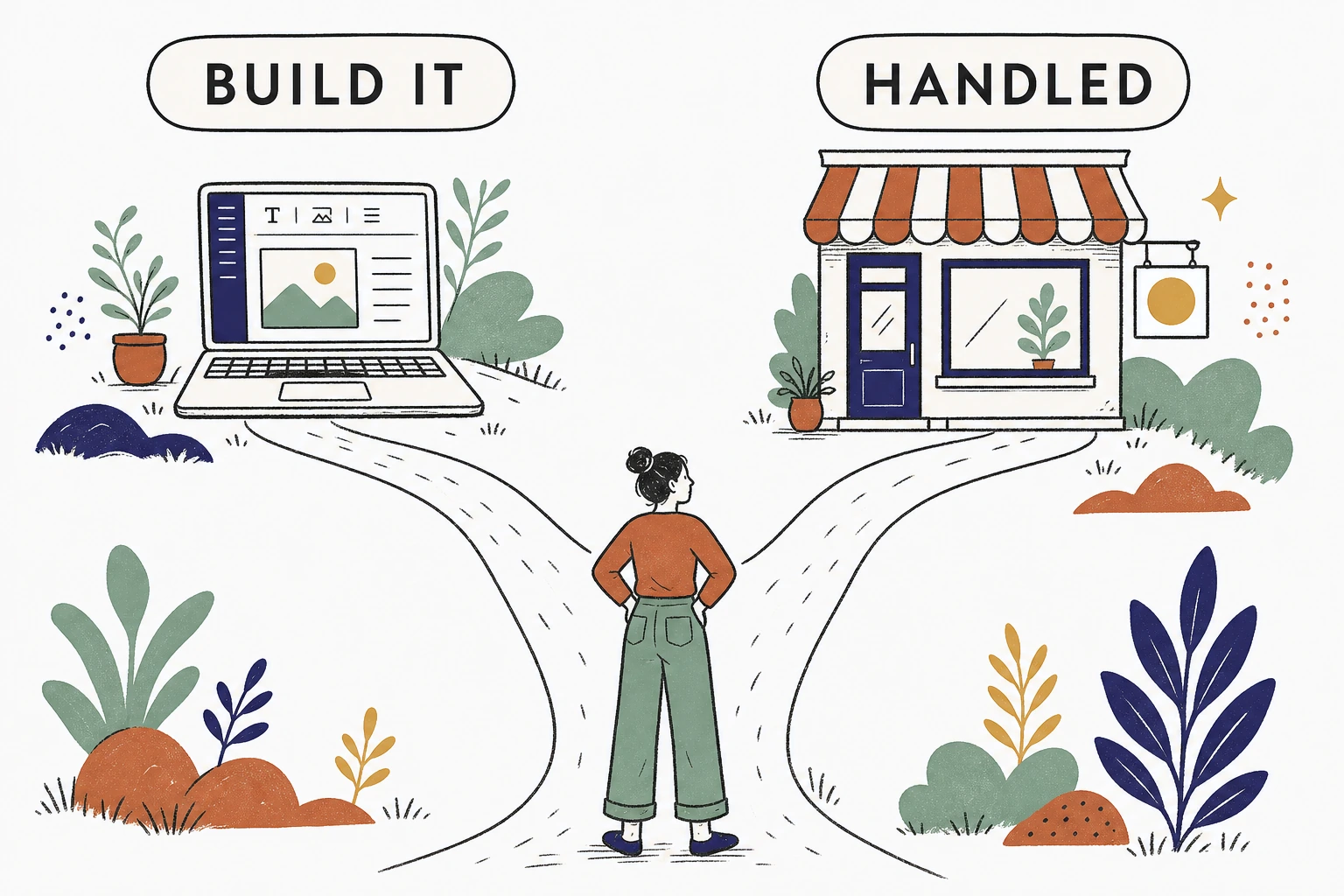 Illustration of one small business owner at a fork in the road, one path labeled Build It leading to a laptop and editor, the other labeled Handled leading to a finished storefront sign