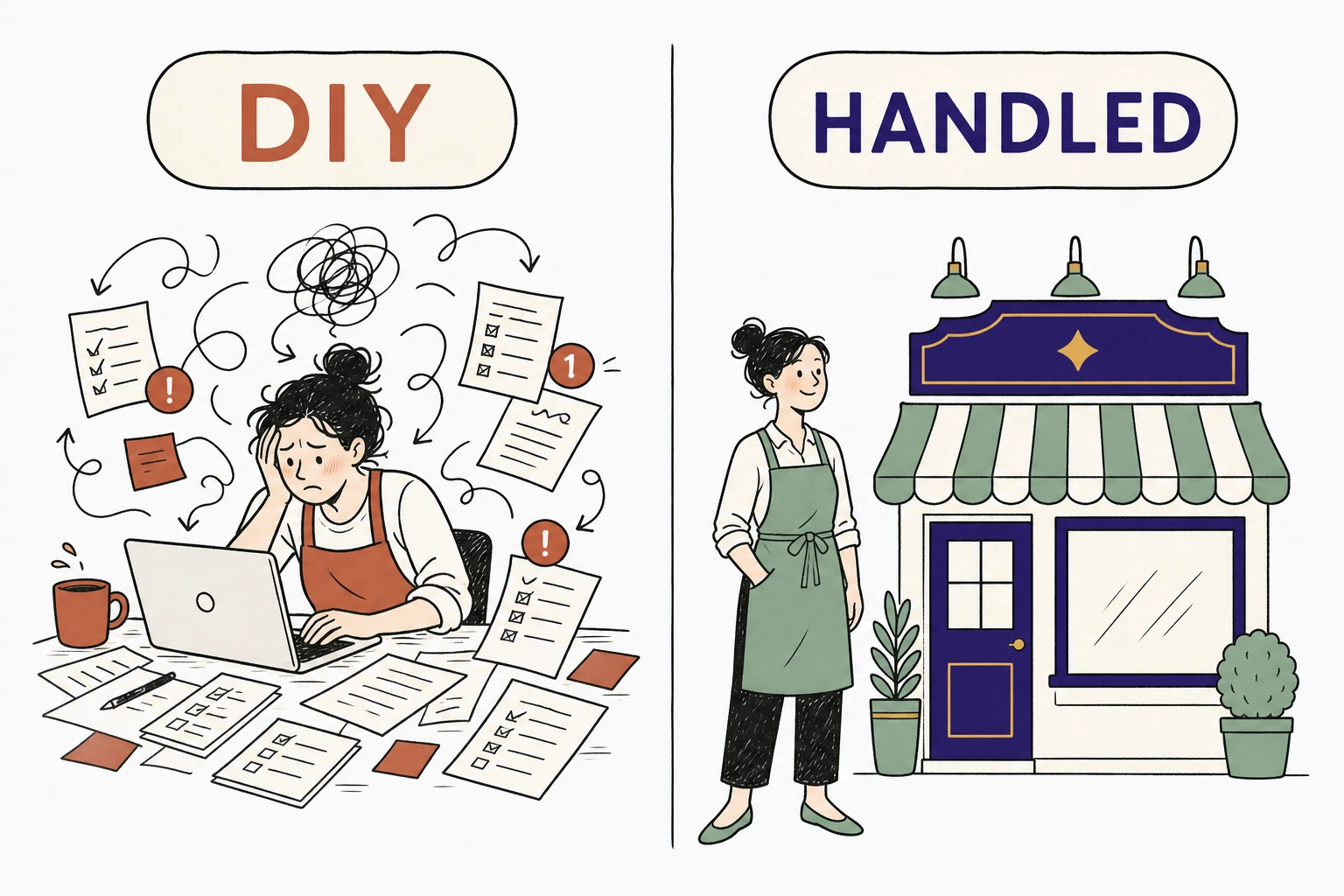 Split illustration comparing a business owner buried under website edit tasks and notification badges on the left against a calm owner with a finished handled site on the right