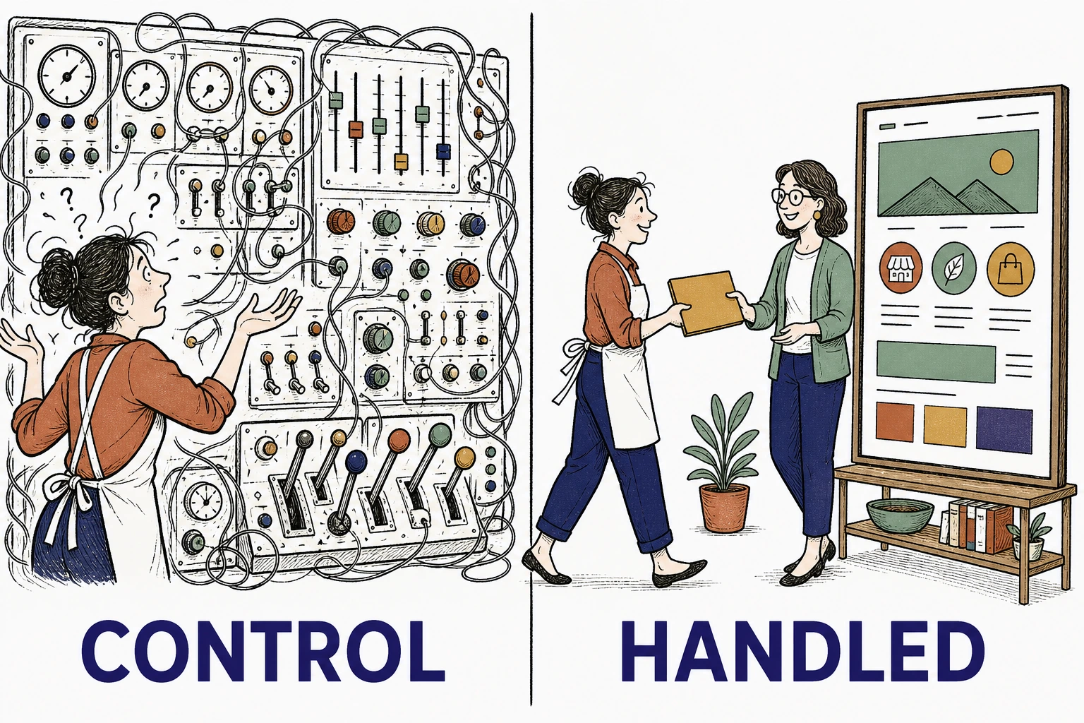 Split illustration comparing a small business owner overwhelmed at a large control panel of dials on the left against a calm owner handing a folder to a helper and walking away with a finished site on the right