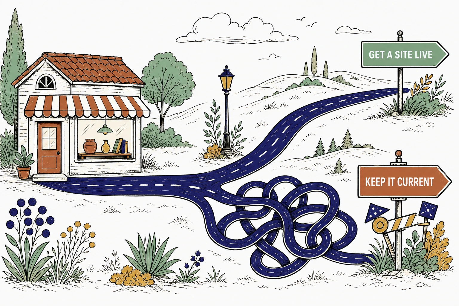 Illustration: a single ink path from a small shop splitting into two roads, one calm sign reading get a site live and one tangled sign reading keep the dashboard current