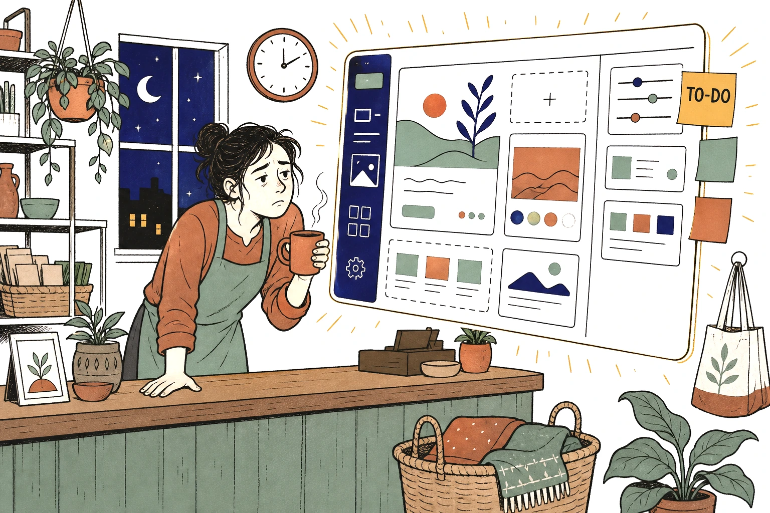 Illustration: a tired small business owner at a counter facing a glowing dashboard window stacked with editor panels and to do tags, a clock ticking beside it