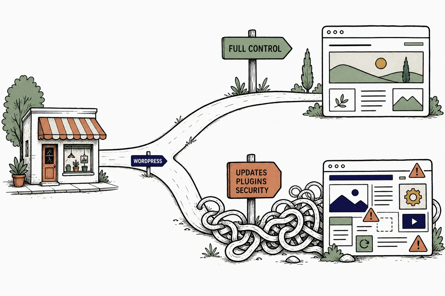 Illustration: a single ink path from a small storefront splitting into two roads, one calm sign reading full control and one tangled sign reading updates plugins security
