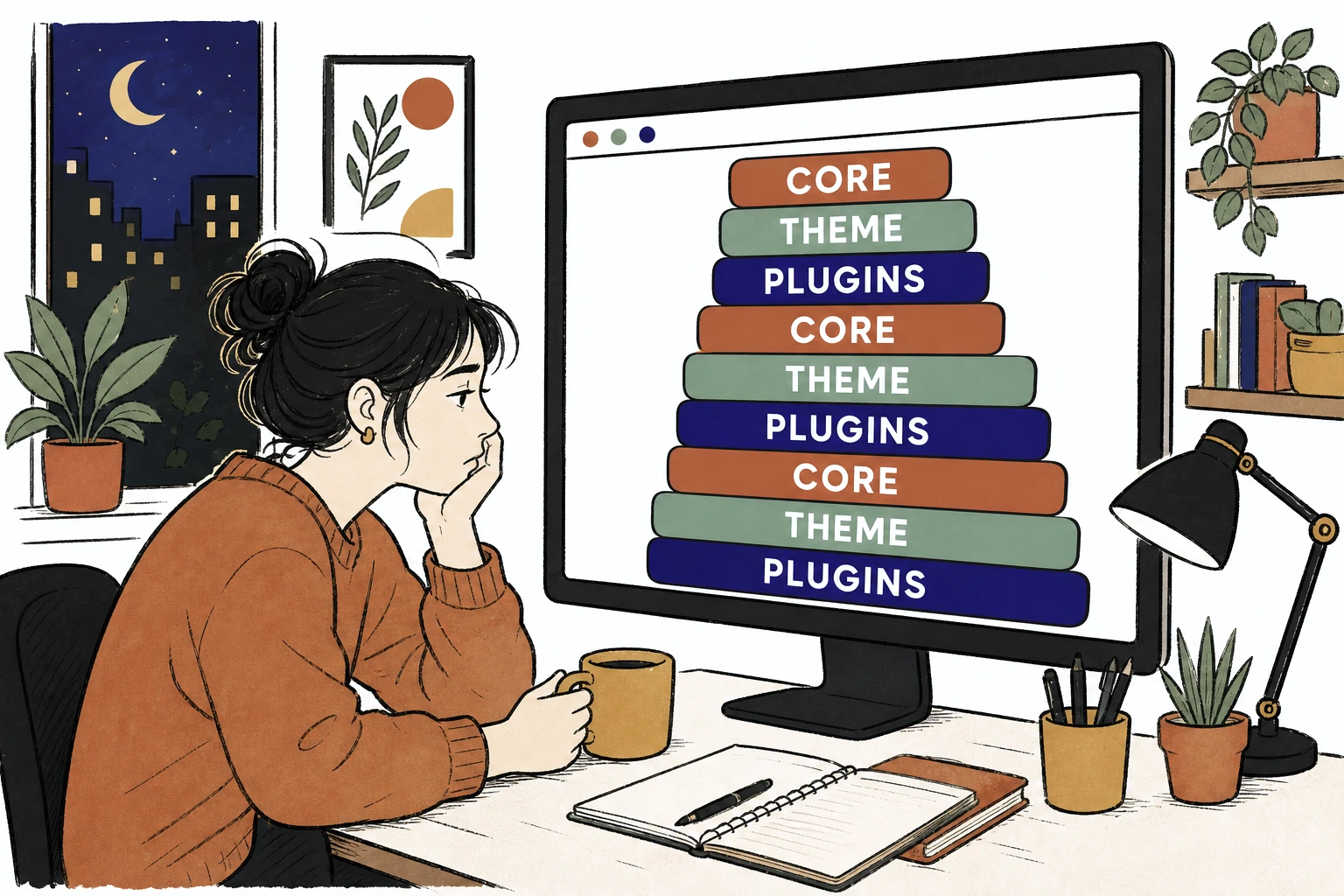 Illustration: a small business owner at a desk facing a website window stacked with update badges reading core, theme, and plugins, a quiet pile of chores