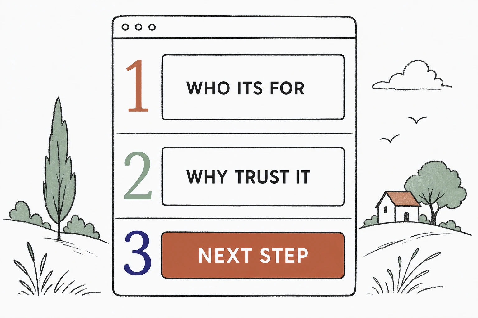 Illustration: a homepage wireframe with three numbered zones reading who this is for, why to trust it, and one clear next step action