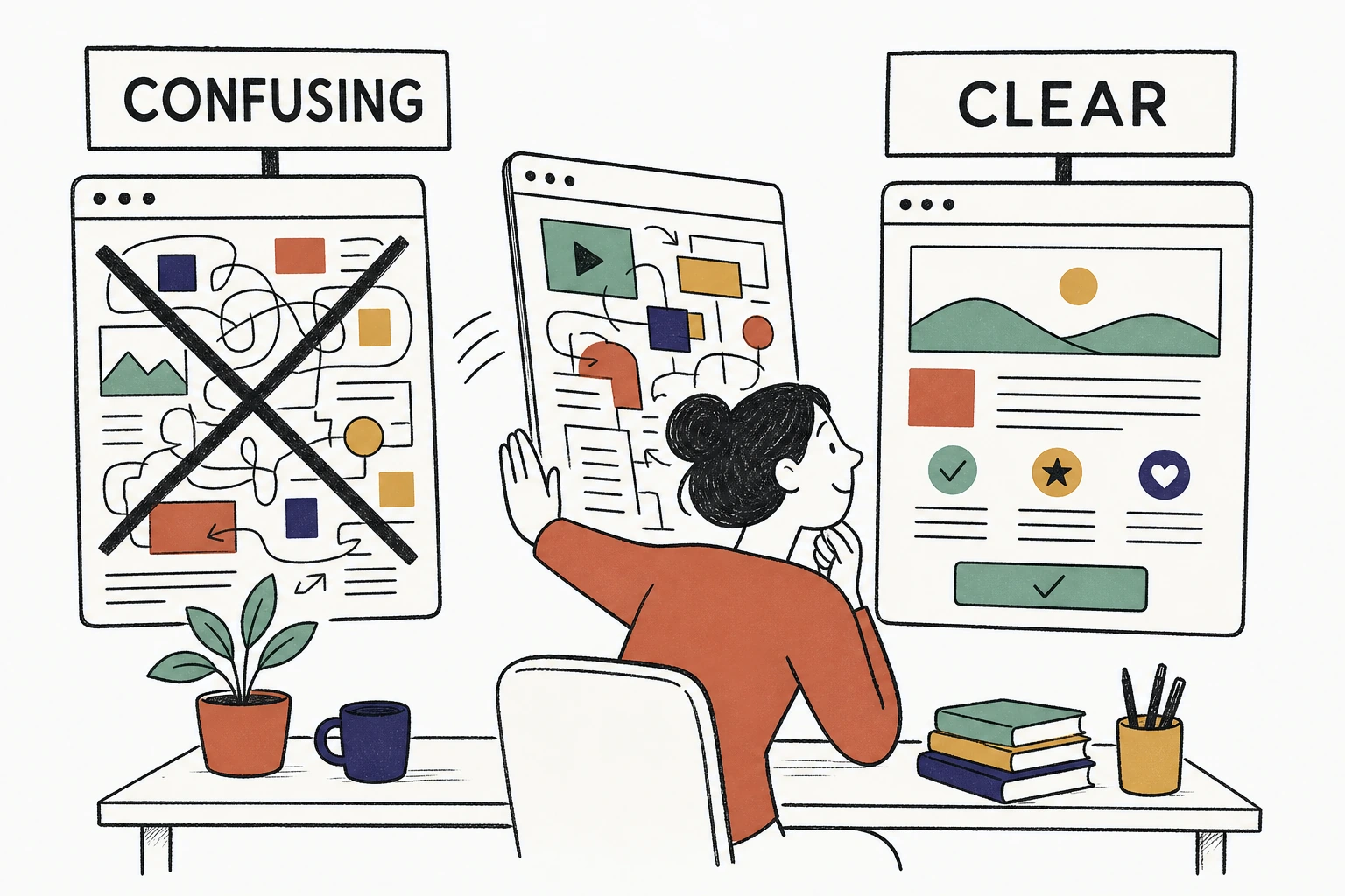 Illustration of a buyer at a desk with three open browser windows labeled Firm A, Firm B, and Firm C, quickly closing the cluttered confusing one with an X and leaning toward the clear one marked with a checkmark and the words Clear and Easy
