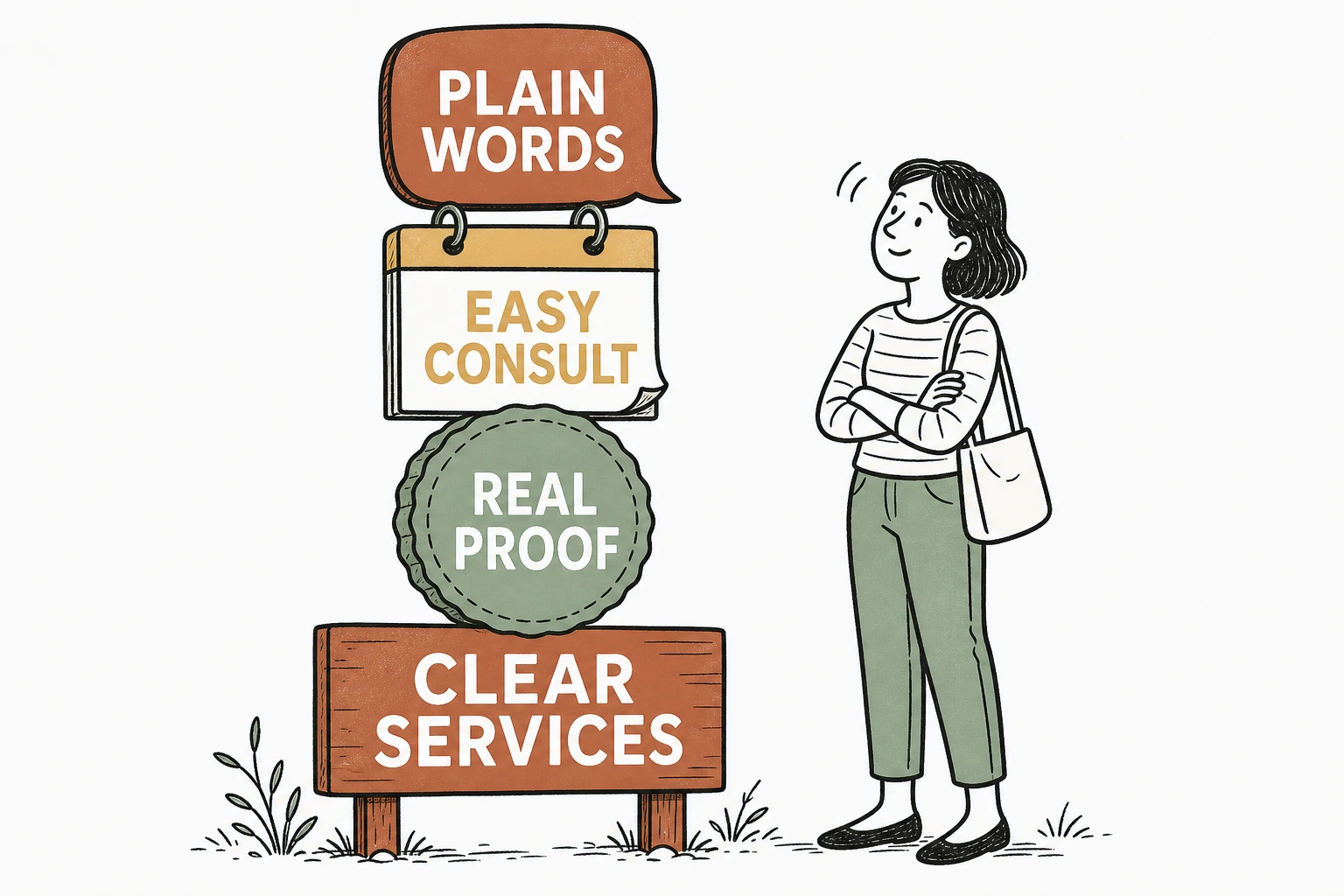 Illustration of four stacked blocks building upward, a signboard labeled Clear Services, a badge labeled Real Proof, a calendar labeled Easy Consult, and a speech bubble labeled Plain Words, with a reassured visitor nodding beside them