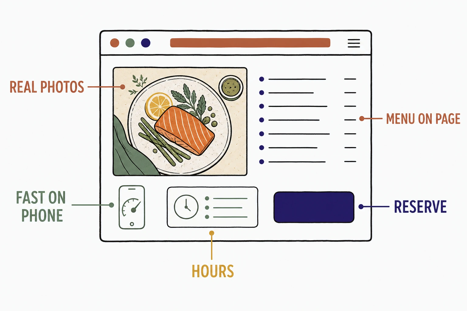 Illustration of a restaurant homepage with five labeled parts: the full menu on the page, a fast mobile layout, one clear reserve or order button, real food photos, and hours and location stated plainly