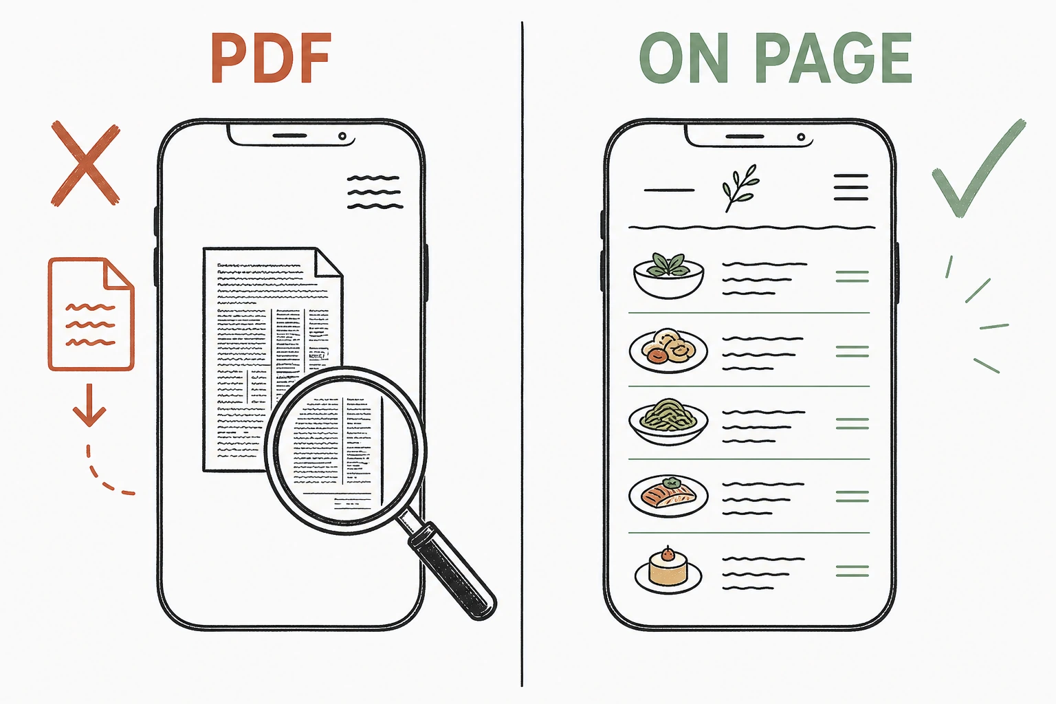 Split illustration contrasting a menu buried inside a tiny downloadable PDF that pinches and zooms on a phone against an on-page menu in clean readable text with prices