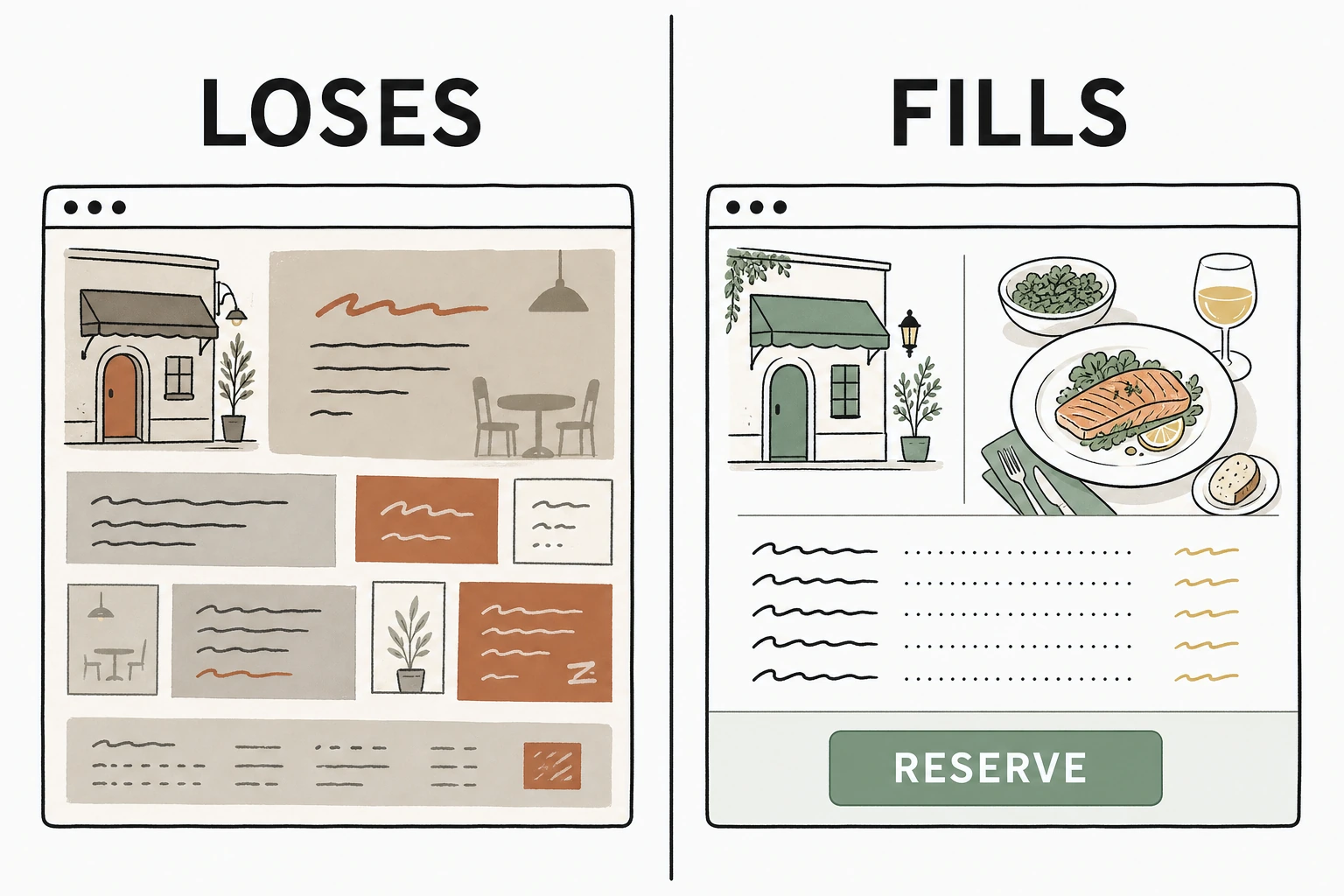Split illustration comparing a restaurant website that loses tables, with a hidden menu and a vague headline, against one that fills tables, with an on-page menu, real food photos, and one clear reserve button