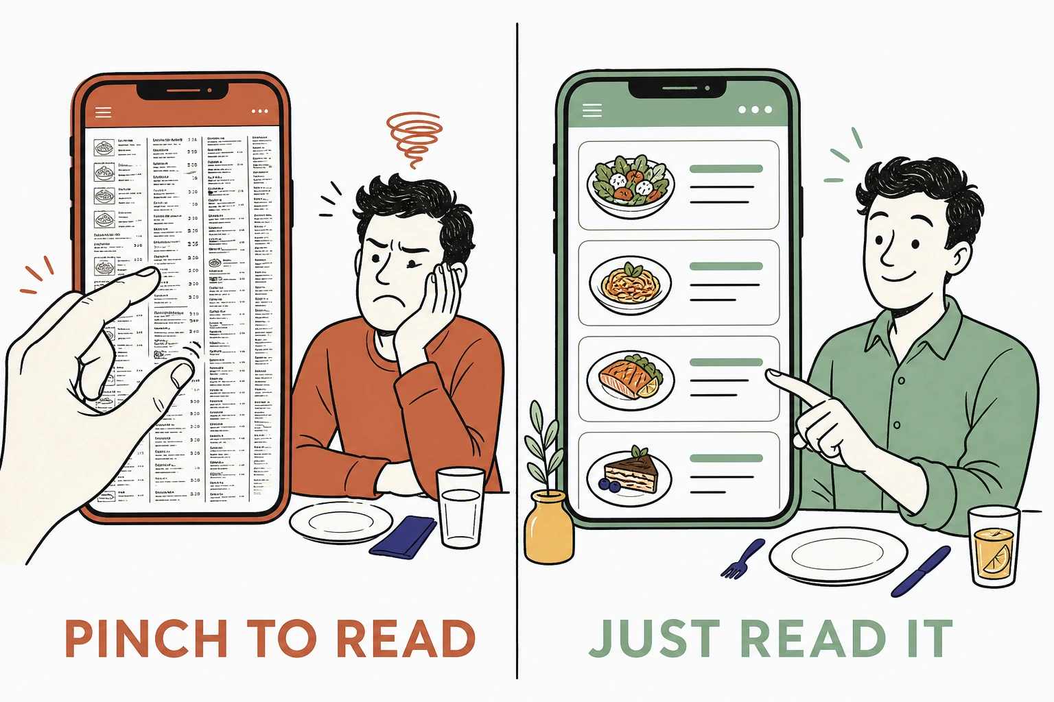 Illustration split in two: on the left a smartphone showing a tiny unreadable PDF menu with pinch-zoom fingers and a frustrated diner, labeled Pinch To Read, on the right a smartphone showing a large clear tap-friendly menu with a relaxed diner tapping a dish, labeled Just Read It