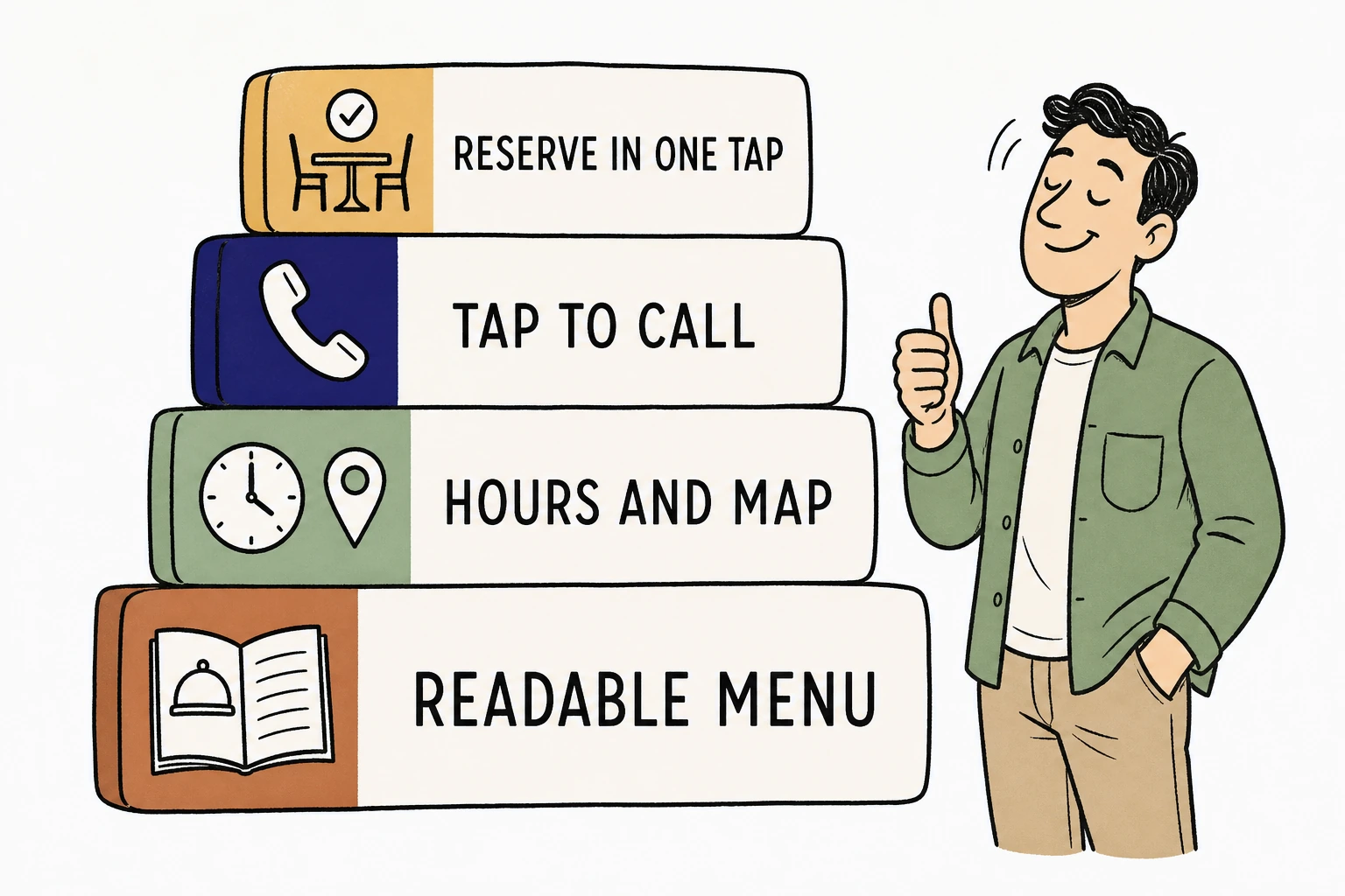 Illustration of four stacked blocks building upward, a large open menu labeled Readable Menu, a clock beside a map pin labeled Hours And Map, a phone handset labeled Tap To Call, and a table with a checkmark labeled Reserve In One Tap, with a satisfied diner nodding beside them