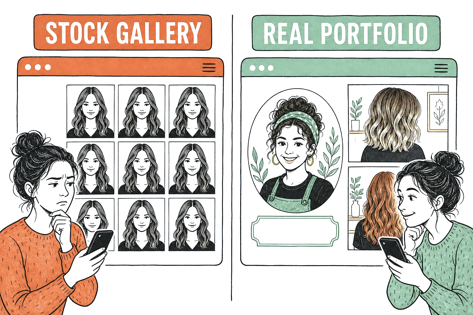 Split illustration contrasting a stock photo gallery of anonymous perfect hair against a real portfolio of a salon's own work with a named stylist beside it
