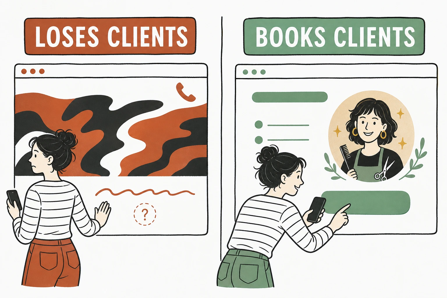 Split illustration comparing a salon website that loses bookings, with a call-only phone number and a vague headline, against one that books appointments, with an online booking button, stated prices, and a named stylist