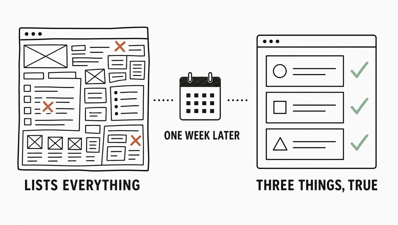 Illustration: a cluttered webpage that lists everything with errors marked, beside a calm page with three true things, one week later