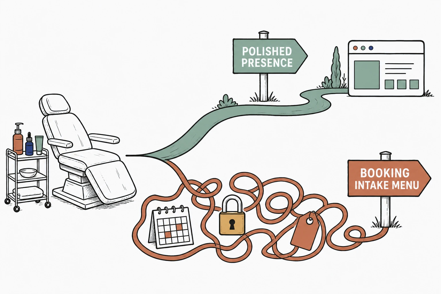 Illustration: a single ink path from a med spa treatment chair splitting into two roads, one calm sign reading polished presence and one tangled sign reading booking intake menu
