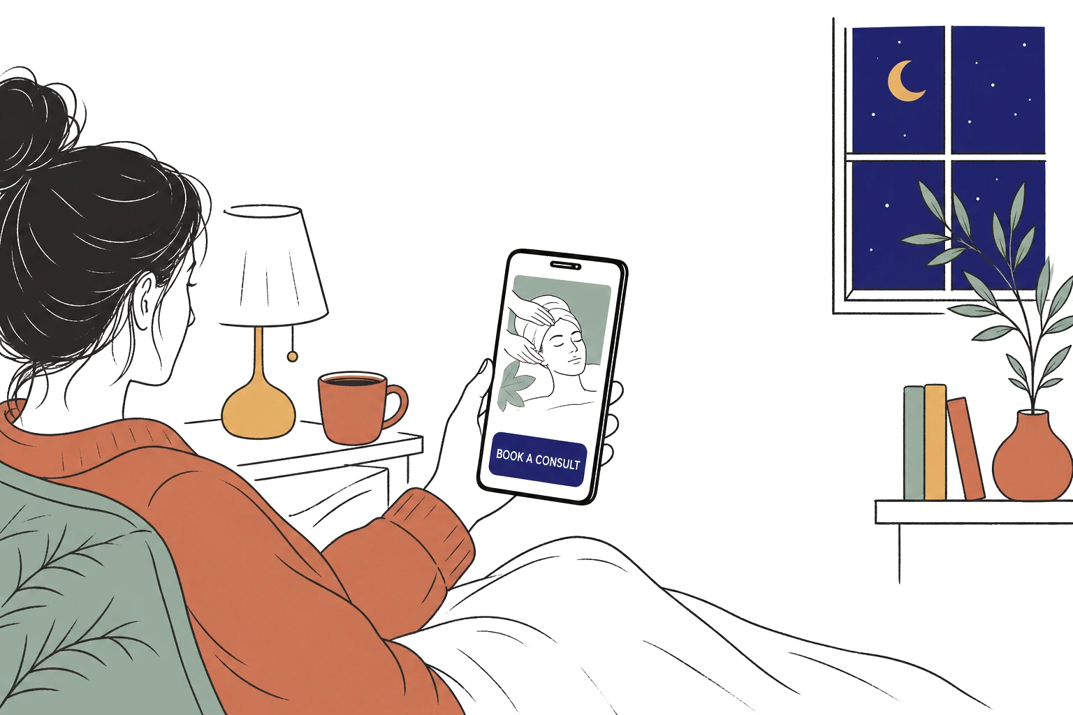 Illustration: a small lit phone at night showing a calm med spa homepage with one clear book a consult button, a quiet room drawn around it