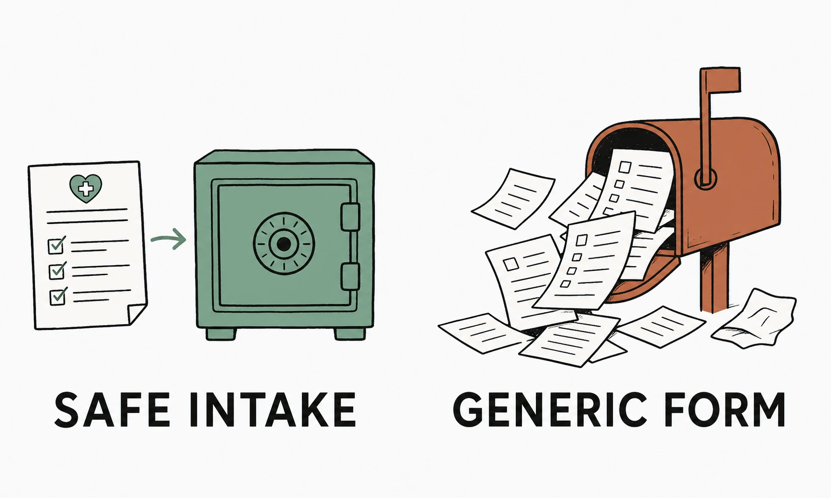 Illustration: a form flowing from a med spa homepage into a locked safe drawn as a small vault, versus a form spilling out of an open generic mailbox