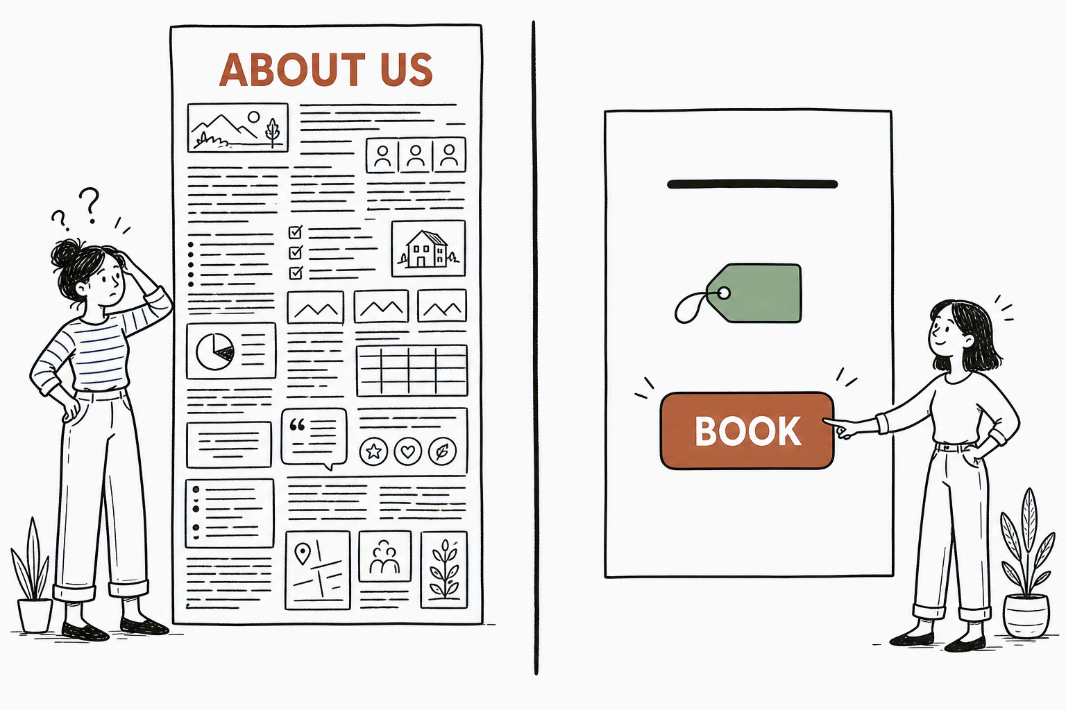 Illustration split in two: on the left a tall cluttered wall of tiny text labeled About Us with a confused visitor scratching her head, on the right a clean single page showing one headline, a price tag, and a large button labeled Book, with a visitor confidently tapping it