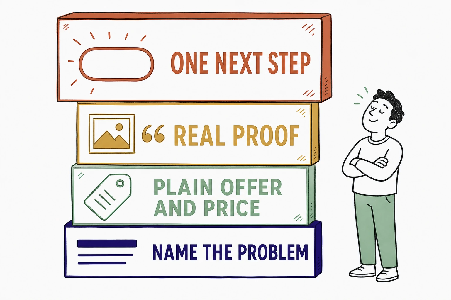 Illustration of four stacked blocks building upward, a headline labeled Name The Problem, a price tag labeled Plain Offer And Price, a photo with a quote mark labeled Real Proof, and a large button labeled One Next Step, with a satisfied visitor nodding beside them